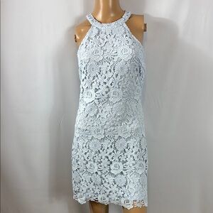 Lulu's Love Poem Light Blue Lace Mini Halter Dress, Size M